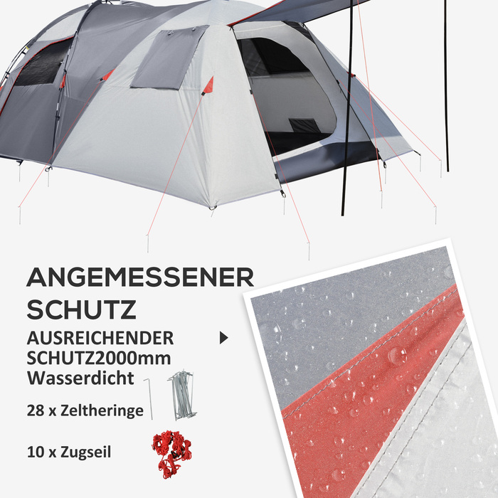 Outsunny 5-Person Tent - Tunnel Tent with Bedroom, Carry Bag, 2000mm Water Column, Mesh Windows, Grey | Aosom