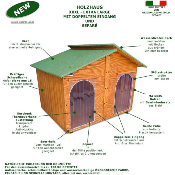 Будка для собак LEGNO з верандою, XXXL, з подвійним входом, з термозавісою, з масивного дерева, Made in Italy