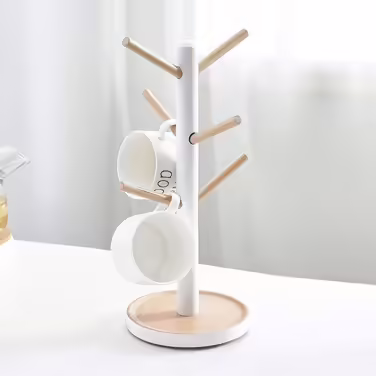 Removable Wooden Tree Cup Shelf, Coffee Cup Holder for Coffee, Tea, Mug, Display Stand, Coffee Bar Accessories with 6 Hooks (white)