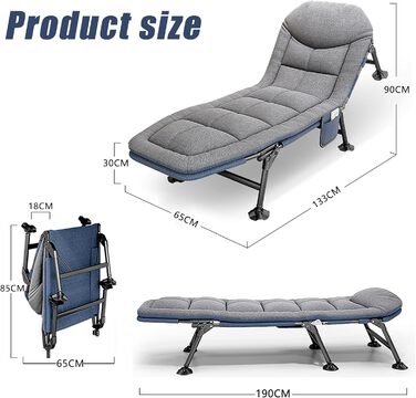 Розкладне ліжко-крісло для кемпінгу з матрацом, 6 положень спинки, ліжко для риболовлі, туристичне ліжко XXL, 65x190x30 см, односпальне, для гостей, сіре (2 шт.)