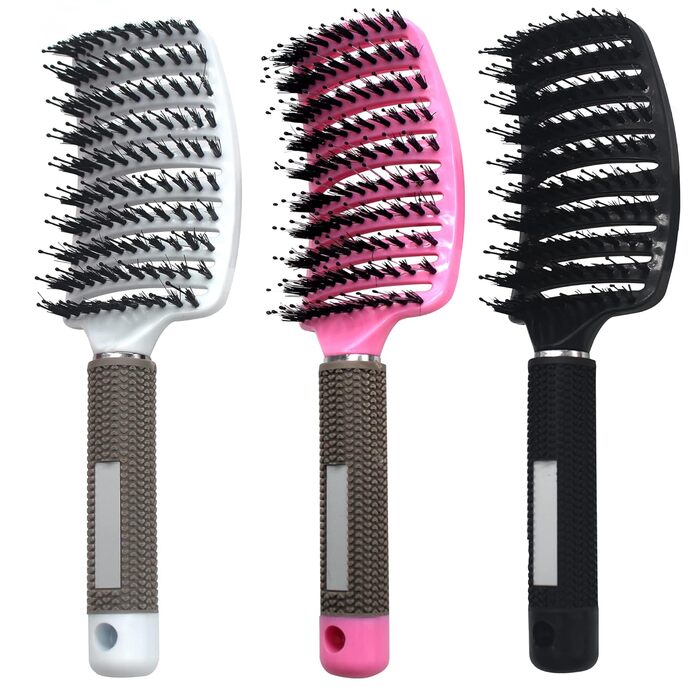 Набір з 3 шт. гребінців для волосся з щетиною дикого кабана, вигнуті, з вентиляцією, для розплутування та укладання волосся. Підходить для довгого, тонкого, густого, кучерявого волосся. Набір гребінців для волосся для розчісування та укладання.