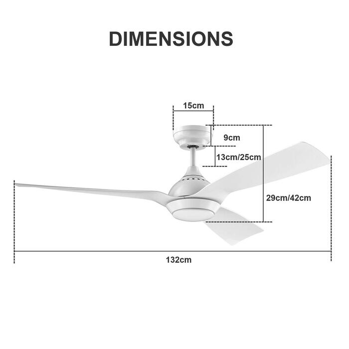 Стеляний вентилятор Reiga з LED-підсвічуванням та пультом керування, 132 см, білий, DC-двигун, тихий, 6 швидкостей, 3 колірні температури, для внутрішнього та зовнішнього використання, 3 лопаті, білий