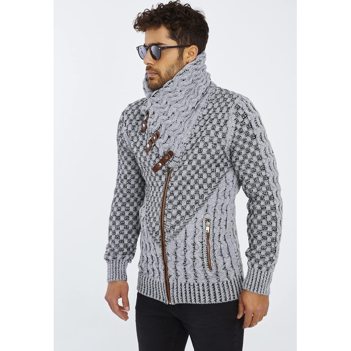 Чоловічий кардиган Eif Neson з в'язаного полотна на блискавці, Regular Fit, сіро-чорний (3XL)