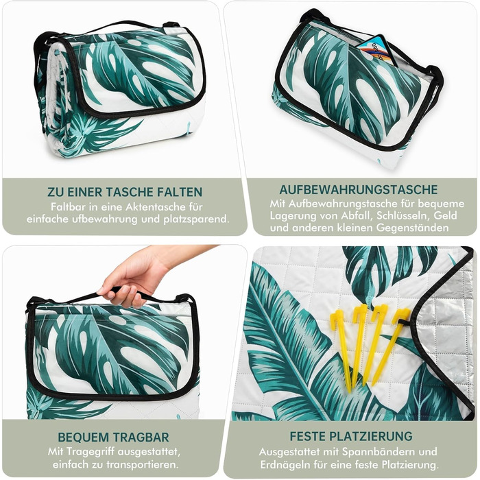 Плед для пікніка HAUSPROFI 200x300 см, водонепроникний, ізольований, XXL. Для пікніка, пляжу, кемпінгу. Бавовняна підкладка, ручка для перенесення, кілочки. Зручний, миючий, тримає форму. Зелений рослинний принт.