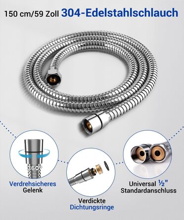 Набір для душу Newentor з шлангом 1,5 м, високий тиск, 6 режимів, срібляний (душова лійка, позолочений шланг)