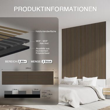 Акустичні стінні панелі з натурального шпона Темний дуб, 240x60 см (набір 2 шт), звукопоглинаюча обробка стін для дому, офісу та студії