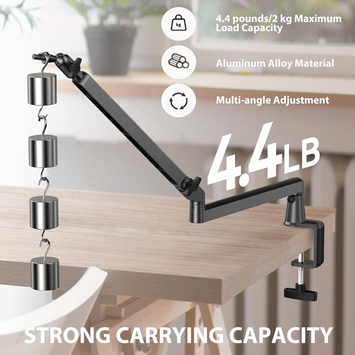 Мікрофонний важіль низькопрофільний з подовженням 15 см, регульований металевий важіль, кабель-менеджмент, чорний