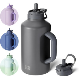 BOTTLE BOTTLE Insulated Water Bottle with Straw and Double Lid, Stainless Steel Sports Water Bottle for Men, with Handle, Vacuum Stainless Steel, for Workout and Sports, 1.8L (Gray)