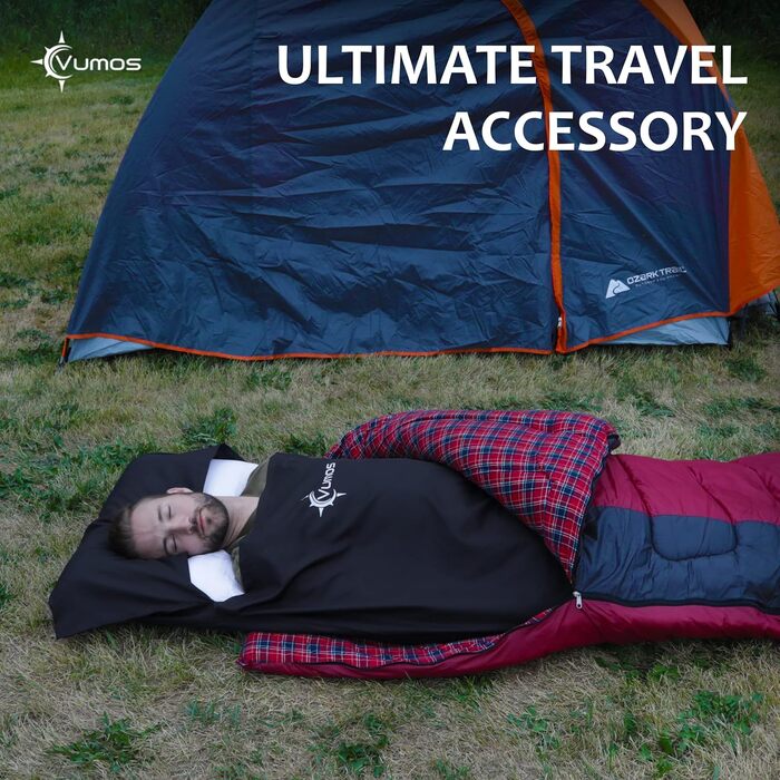 Vumos Sleeping Bag Liner and Camping Sheet - Silk-Like Material for Travel, Featuring a Full-Length Zipper