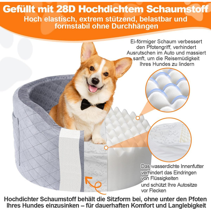 Автокрісло для собак - чорне автокрісло-бустер для маленьких собак з 28D Memory Foam, неслизька та водонепроникна підкладка, переносна клітка з кишенями для зберігання та ковдрою, чорний (02-Сірий)