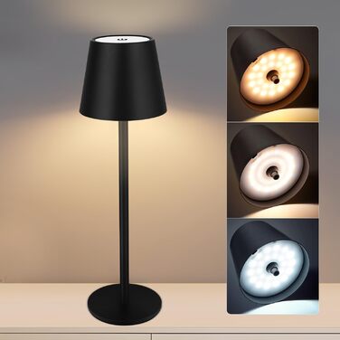 Світлодіодна настільна лампа бездротова з сенсорним керуванням, USB-C, димування, акумуляторна, 3 режими температури, регульована висота, IP54 водонепроникна для ресторану, спальні, бару, вулиці - Чорна