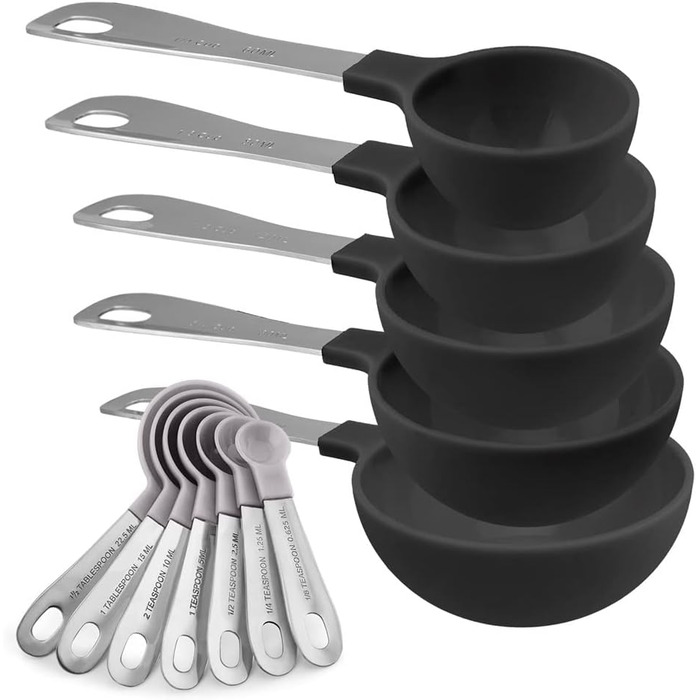 Measuring Cup Set and Measuring Spoon Set, Stainless Steel Handles, Nesting Kitchen Measuring Set, Liquid Measuring Cup Set, 12-Piece, Stainless Steel, Black and White Collection