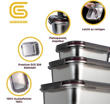 Контейнери для харчових продуктів GENICOOK з нержавіючої сталі, набір 3 шт. з герметичними кришками - для зберігання та Meal Prep