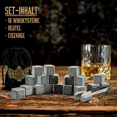Набір для віскі WHISISKEY: 18 каменів та щипці - подарунок для чоловіка, аксесуари для віскі, багаторазові кубики льоду