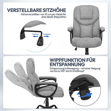 Офісне крісло Yaheetech для офісу та дому: ергономічний, з високою спинкою, регульований, комфортний, з м'яким наповнювачем, функція гойдання (сірий, поліестер)