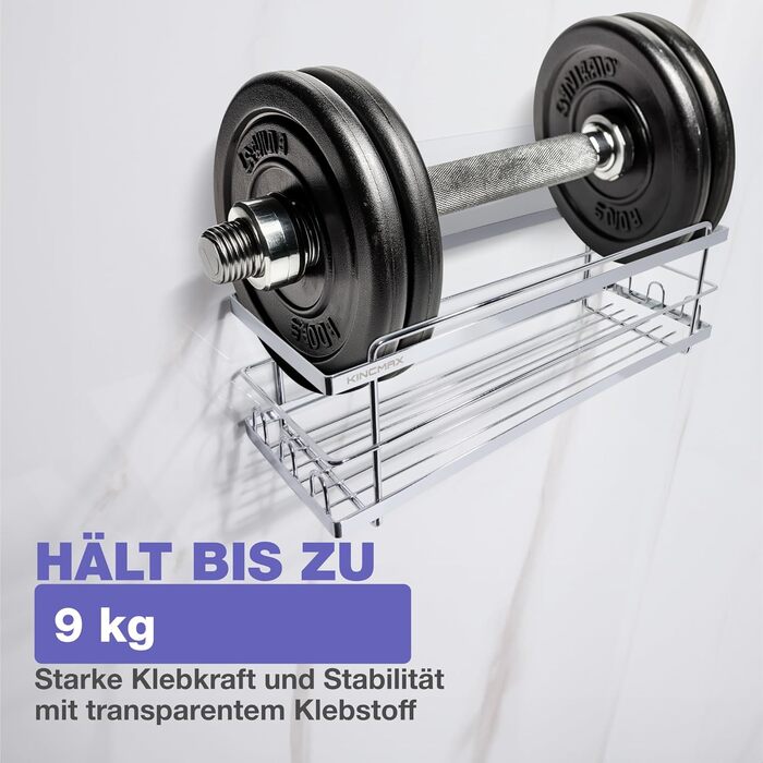 Поличка для душу KINCMAX без свердління з нержавіючої сталі, самоклеюча, з гачками (срібна). Комплект з 2 поличок (прямі, срібні)