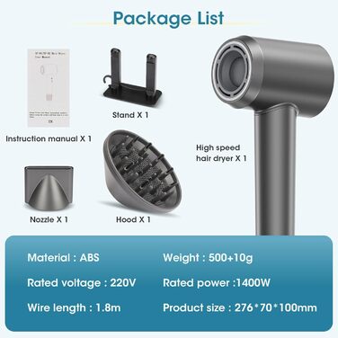 Фен Vasip з безщітковим мотором 110 000 об/хв, 200 млн негативних іонів, дифузор та концентратори, 4 режими нагріву та 2 швидкості