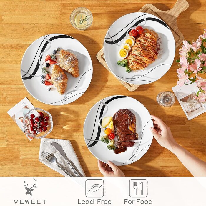 Набір тарілок VEWEET Fiona Porzellan: 6 штук, діаметр 27,4 см. Ідеально для щоденного використання: обідні, десертні, тарілки для пасти та сніданку. Безпечно для мікрохвильової печі та посудомийної машини.