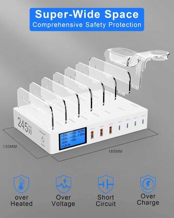 Зарядна станція 245W USB для 7 пристроїв з LCD-дисплеєм, кабелями та тримачем для iWatch, чорна - для iPhone, планшетів та іншої електроніки