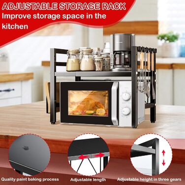 Регульована полиця для мікрохвильової печі UCAMP, розширювана, 2-рівнева, з вуглецевої сталі, для організації кухні, з підставкою для обрізної дошки та 6 гачками (чорна)