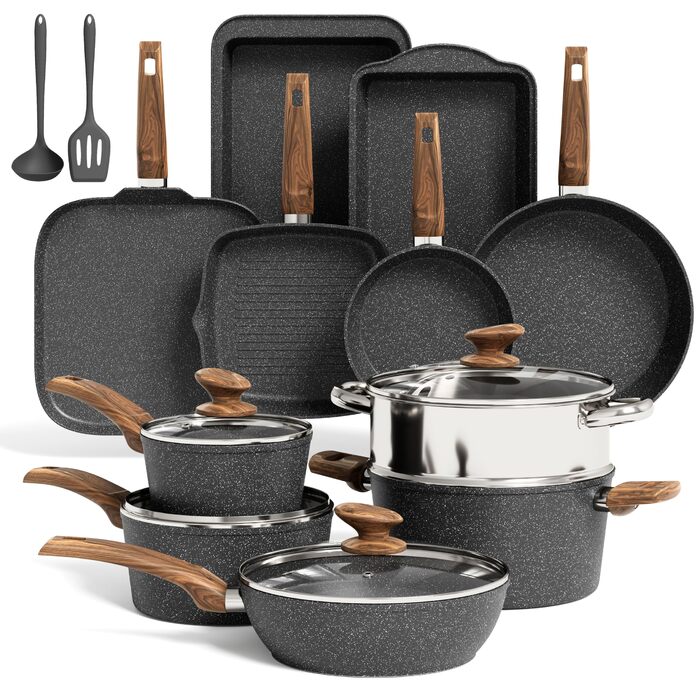 Набір посуду Kitchen Academy 17 предметів з антипригарним покриттям, гранітний чорний, для індукційних плит, безпечний та здоровий