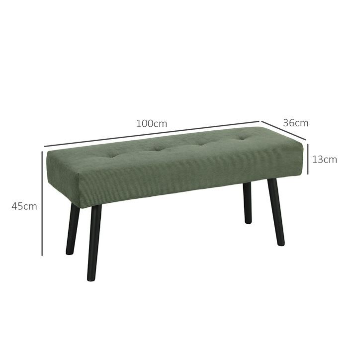 HOMCOM Upholstered Bench with Corduroy Cover, Tufted Bed Bench with Metal Legs, Shoe Bench Entryway Furniture for Bedroom, Living Room, Hallway 100 x 36 x 45 cm Green | Aosom