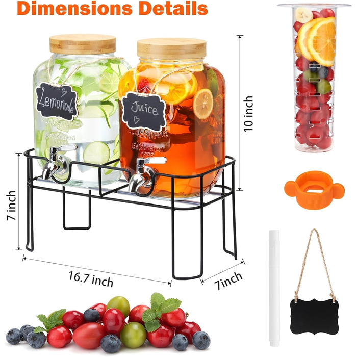 2 x 4-літрові диспенсери для напоїв зі стійкою, скляні диспенсери для напоїв з нержавіючою сталею, для газованої води, лимонаду, домашніх напоїв, вечірок, свят