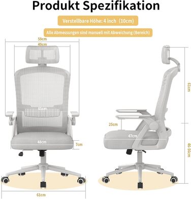 Офісний крісло Naspiro Ergonomic, регульована висота, поворотне, з дихаючою спинкою з сітки, відкидні підлокітники на 90°, підтримка попереку, щільна піна, для дому/офісу (Сірий-1, з підголовником)
