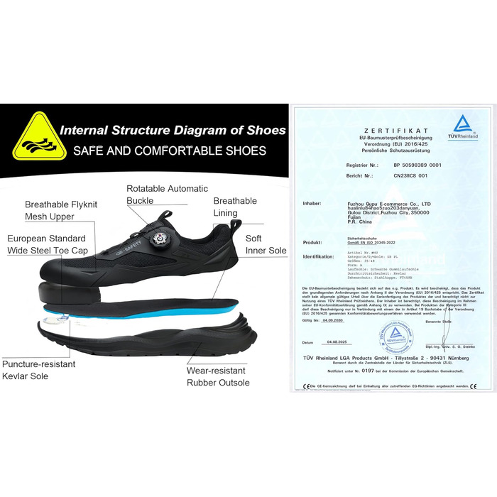 Робочі черевики чоловічі/жіночі, захисні черевики зі сталевою капами, легкі, неслизькі, дихаючі, водонепроникні, літні, чорні. Розмір 47 EU (відповідає 46.5 M105)