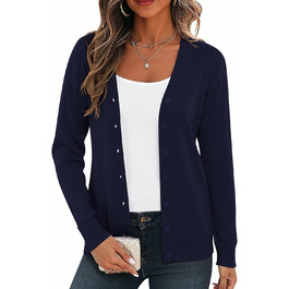 Жіноча легка в'язана жилетка з довгим рукавом, в'язаний пуловер з V-подібним вирізом, вінтажна класична жилетка з ґудзиками, темно-синього кольору XXL