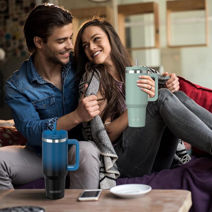 Термокружка WATERSY 1.2L з 2 трубочками, витокозахисний термос для кави To Go, вакуумна ізоляція, без BPA, ретро-зелений