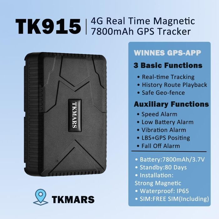 GPS-трекер TKMARS TK915 для авто, 4G, 7800 мА·год, магнітний, водонепроникний, тривоги, безкоштовний додаток, без підписки