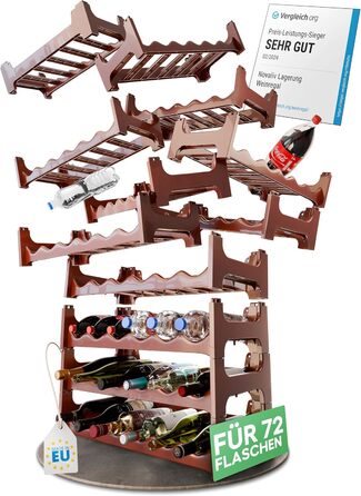 Novaliv Brown Modular Bottle Rack for 72 Wine Bottles - Stackable, Expandable, Robust - Ideal for Wine Storage in Cellars, Restaurants & Homes, Drinks Cabinet, Stackable Wine Rack