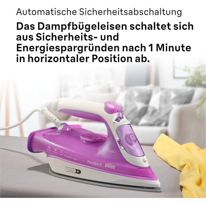 Праска з парою Braun FreeStyle 3 FI3124 PU, 2400 Вт, фіолетово-рожева, технологія FreeGlide 3D, керамічна підошва, Ultimate FastClean