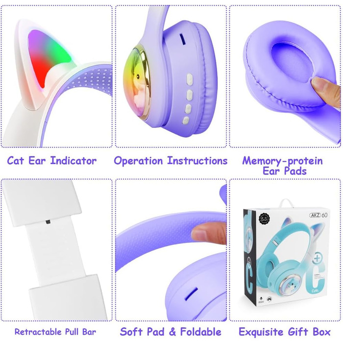 Дитячі навушники AXFEE з Bluetooth, котячі вушка, LED-підсвічування, Over-Ear, бездротові, з мікрофоном, Micro SD/TF, для телефону/планшета/ПК (#02 фіолетовий v5.3)