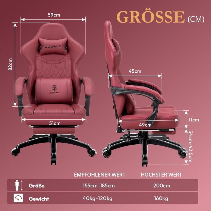 Ігровий крісло Dowinx з пружинним сидінням та масажем попереку, ергономічний геймерський крісло з підніжкою, офісне крісло з PU шкіри (Червоний)