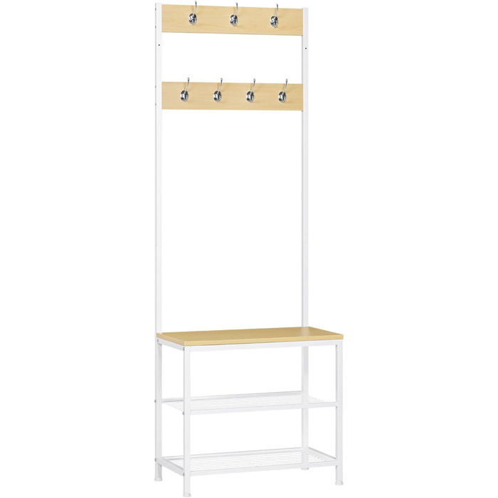 WOLTU Coat Rack Clothes Rack Laundry Rack Shoe Shelf with Seat, with 7 Hooks, Wood and Steel, Hanging Shelf, Black Vintage (Light Oak + White)
