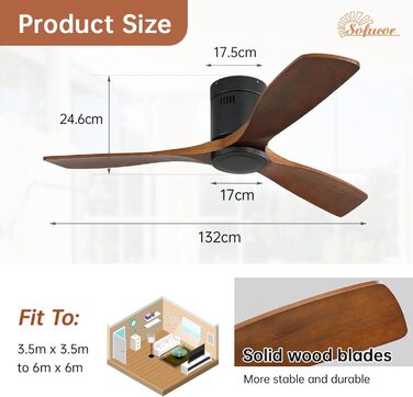 Стеляний вентилятор Sofucor з пультом керування, дерев'яний вентилятор з 3 лопатями, 132 см, тихий, 6 швидкостей, таймер, DC двигун, режим літо/зима для спальні без освітлення + монтаж врізний, темне дерево