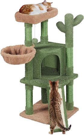 Yaheetech Cat Tree Cactus, Height 106.5 cm, Stable Cat Tree Climbing Tree with Viewing Platform, Cat Cave, Lounging Bed, Sisal Posts, Green/Brown