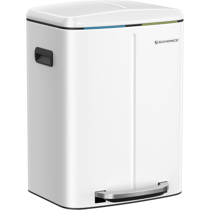 SONGMICS Відро для сміття 40 л з 2 відсіками (2 x 20 л), з педаллю, з металу, з пластиковим внутрішнім відром, з кришкою та ручками, Softclose, герметичне, біле LTB40WT