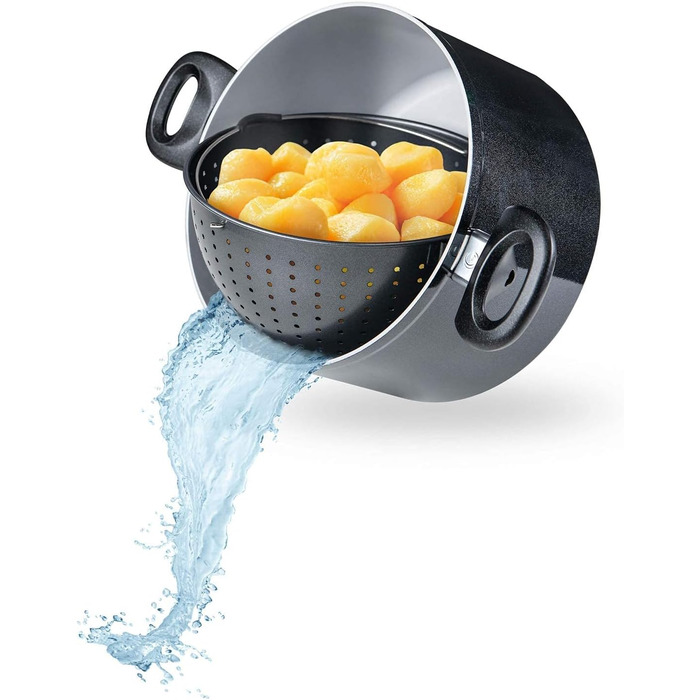Набір керамічних каструль Genius Cerafit Magic Pot 24 см, 6,4 л з друшляком і скляною кришкою, універсальний для всіх плит, чорний