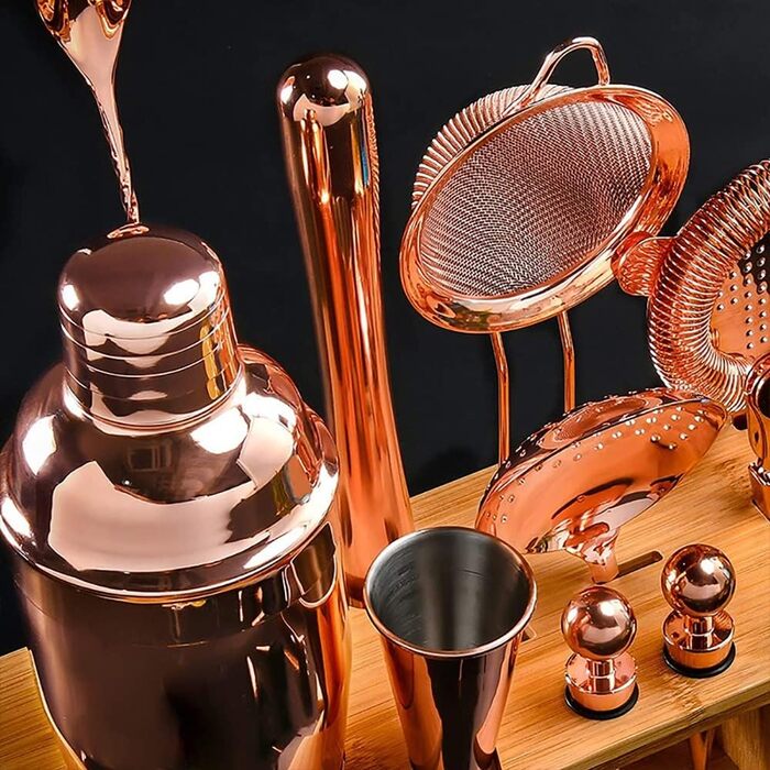Набір для коктейлів Hansum, 18 предметів, нержавіюча сталь, рожеве золото, з дерев'яною підставкою для бармена