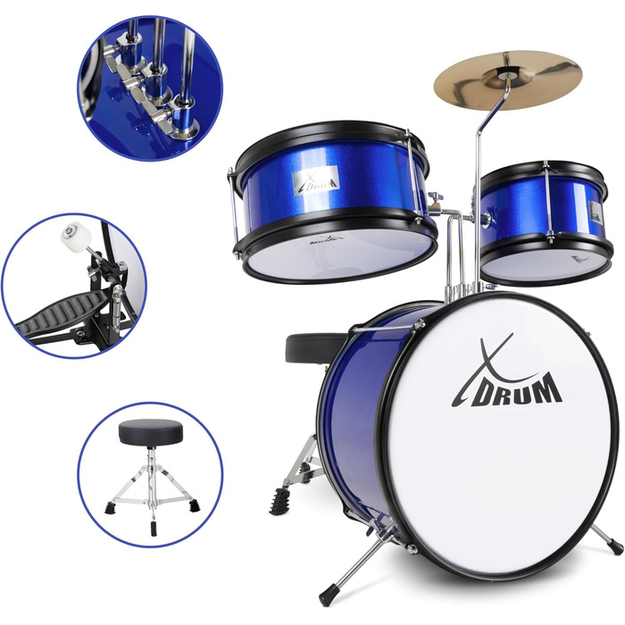 XDrum Junior KIDS барабанна установка для дітей 3-5 років - комплект зі стільчиком, паличками та ключем - блакитна