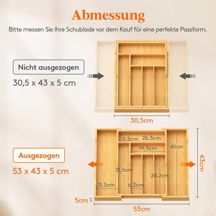 Органайзер для столових приборів Lifewit в шухляду, бамбуковий, 43x31-53x47 см, висувний, для ложок, виделок, ножів