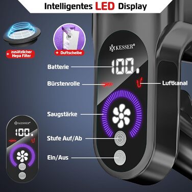 Бездротовий акумуляторний пилосос KESSER® з LED дисплеєм, до 60 хв роботи, тихий, без мішка, з антинамотувальною щіткою, HEPA фільтр, для твердих поверхонь та килимів, з аромадиском, чорний/червоний