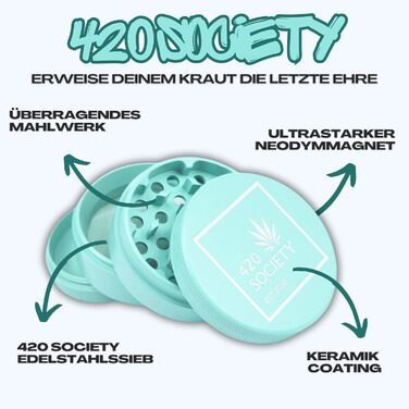 Преміум керамічна млинка для спецій 420 Society, 4-в-1, антипригарна, Nano кераміка, комплект догляду, м'ятна