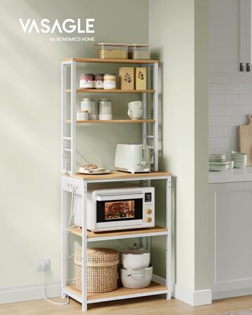 Стелаж кухонний VASAGLE з розетками, 6 полиць, гачки, сталевий каркас, 40x60x167 см, золотий дуб + білий, KKS124Y01 60B