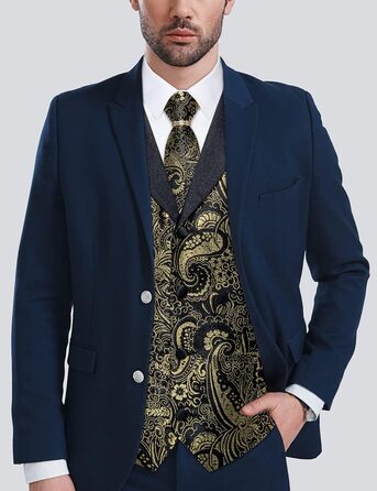 Костюмний жилет DiBanGu (5 шт.): жилет, краватка, нагрудна хустинка, запонки, кільце для краватки. Зелений/Чорний (L, Золото/Чорний)