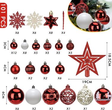Набір прикрас на ялинку 101 шт., новорічний декор, пластикові кулі для ялинки, кулі на ялинку, зірка на верхівку, матові, глянцеві, багаторазові ялинкові кулі, 3, 4 та 6 см (червоні)