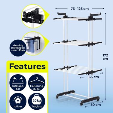 Складаний сушильний стійка EASYmaxx з 3 рівнями, чорний/білий | Компактна, мобільна сушарка для одягу в приміщенні та на вулиці